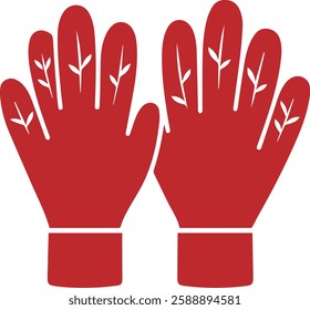 A pair of warm, red winter gloves adorned with delicate white leaf patterns, for chilly weather