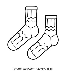 Pair of warm socks coloring page. Clothes of the feet, decorated with patterns. Wardrobe item. Hand drawn vector line art illustration. Coloring book for children. Black and white sketch.