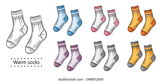 Pair warm socks icon set. Cotton or wool textile clothes for feet with ornament. Knitted casual or sport apparel for legs. Outline colored signs for knitwear packaging design. Isolated vector label