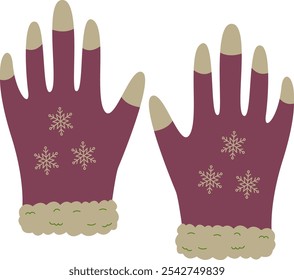 A pair of Warm textile winter gloves maroon color vector illustration isolated on a white background. 
Gloves pair with a snowflake design on it. Winter Gloves icon. winter accessory. gloves clip art
