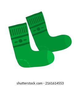 A pair of warm winter socks. Wool green clothes. Sock for man and woman. Beauty and fashion. Vector cartoon illustration isolated on white background