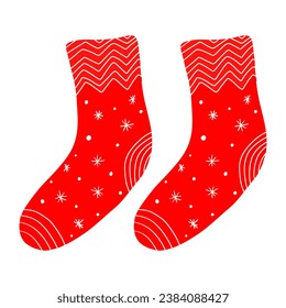 A pair of warm winter socks. Wool red clothes. Sock for man and woman. Beauty and fashion. Vector cartoon illustration isolated on white background