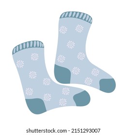 Pair of warm wool blue socks with snowflakes pattern. Winter woolen feet clothes. Trendy hosiery design. Hand-drawn vector illustration isolated on white background