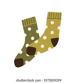 Pair of warm wool socks with polka dot pattern. Winter woolen feet clothes. Cute cozy cotton foot apparel. Trendy hosiery design. Flat vector illustration isolated on white background