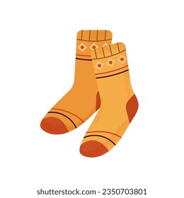 Par de calcetines de lana caliente con rayas y patrón de punto de polka. La ropa de pies acogedora de otoño. Ilustración vectorial plana aislada en fondo blanco