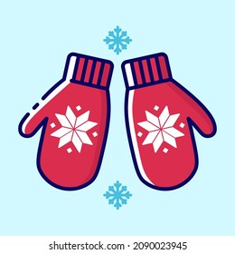 Das Paar aus warmer Wolle fliegt farbige Ikone. Kollektion von Wintersymbolen zum Thema Outdoor-Erholung. Vektorstylische Rahmenillustrationen auf hellblauem Hintergrund.

