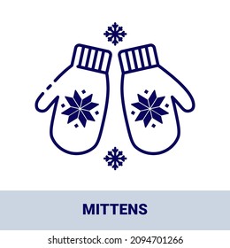 Pair of warm woolen mittens outline icon with title. Collection of icons on the theme of winter sports and outdoor recreation. Vector monochrome illustrations isolated on white background.