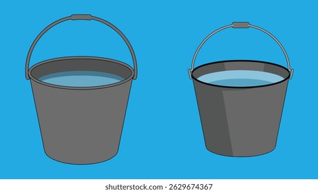 Pair of Water Buckets – Two Black Metal Buckets Filled with Water in Flat Minimal Style for Cleaning or Gardening Concepts