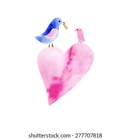 pair of watercolor birds sitting on a painted heart