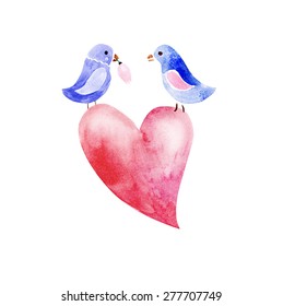 pair of watercolor blue birds sitting on a painted heart