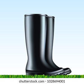 Pair of the waterproof rain rubber boots Vector illustration on black rubber boots placed on the mowed grass. Spring garden work. 