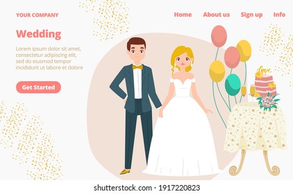 Pair wedding character in suit, modern style postcard, couple lover marry landing page concept flat vector illustration. Website online text banner, table with celebration cake and balloon.