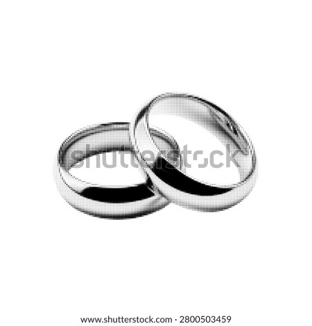 Pair of wedding rings in halftone style isolated on white background. Classic marriage symbol illustration representing love, commitment, partnership and union.