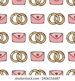 Pair of wedding rings and romantic letter, seamless vector pattern. Gold jewelry for the bride and groom, cute pink envelope with a heart. Symbols of engagement, love, date. Cartoon doodle background