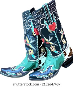 A pair of western cowboy boots. Stylish decorative cowgirl boots embroidered with traditional turquoise and blue decoration. Realistic hand drawn vector illustration.