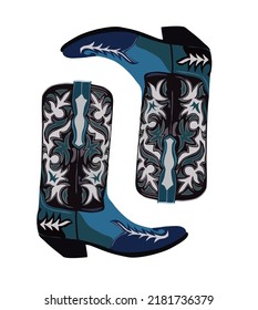 Un par de botas de vaquero occidentales. Botas de vaquera decorativas y elegantes adornadas con decoración tradicional azul. Ilustración vectorial dibujada a mano realista.