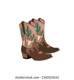A pair of western cowboy boots. Stylish decorative brown cowgirl boots embroidered with traditional Wild west decoration. Realistic hand drawn vector illustration.
