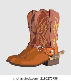 A pair of western cowboy boots. Stylish decorative brown boots embroidered with traditional wild west decoration. Realistic hand drawn vector illustration.