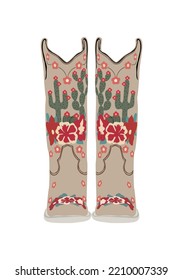 A pair of western cowboy boots. Stylish decorative cowgirl boots embroidered with traditional texas symbols - cactus and flowers. Realistic hand drawn vector illustration.