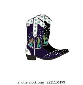 A pair of western cowboy boots. Stylish decorative cowgirl boots embroidered with traditional american symbols - stars and cactus. Realistic hand drawn vector illustration.