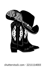 A pair of western cowboy boots. Stylish decorative cowgirl boots embroidered with traditional american symbols. Monochrome black and white hand drawn vector illustration.