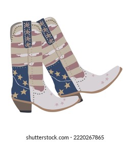 A pair of western cowboy boots. Stylish decorative cowgirl boots embroidered with traditional american symbols. Realistic hand drawn vector illustration.