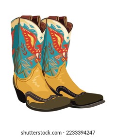 A pair of western cowboy boots. Stylish decorative cowgirl boots embroidered with traditional american symbols. Realistic hand drawn vector illustration.