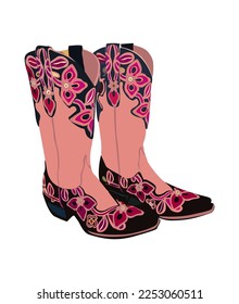 A pair of western cowboy boots. Stylish decorative pink cowgirl boots embroidered with traditional wild west decorations. Realistic hand drawn vector illustrations isolated on white background.