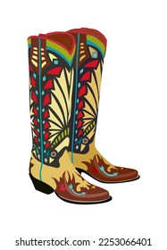 A pair of western cowboy boots. Stylish decorative cowgirl boots embroidered with traditional wild west red and yellow decorations. Realistic hand drawn vector illustration isolated, white background.