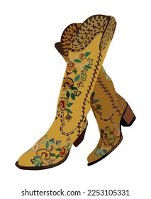 Pair of western cowboy boots. Stylish decorative cowgirl boots embroidered with traditional wild west yellow and brown decoration. Realistic hand drawn vector illustration isolated, white background.