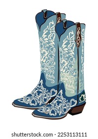 Pair of western cowboy boots. Stylish decorative cowgirl boots embroidered with traditional wild west turquoise, blue decoration. Realistic hand drawn vector illustration isolated, white background.