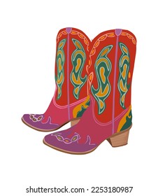 Un par de botas de vaquero occidentales. Botas de vaquera decorativas y elegantes adornadas con decoración tradicional de color rojo y verde occidente. Ilustración vectorial dibujada a mano real aislada en fondo blanco.