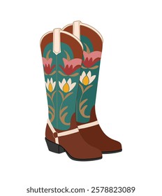 Pair of western cowboy boots. Stylish cowgirl boots embroidered with traditional floral symbols. Realistic vector hand drawn illustration isolated on white background.