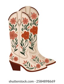 Pair of western cowboy boots. Stylish cowgirl boots embroidered with traditional floral symbols. Realistic vector hand drawn illustration isolated on white background.