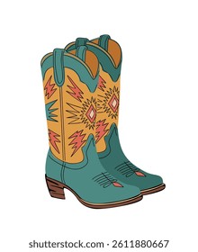 A pair of western cowboy boots. Stylish decorative cowgirl boots embroidered with traditional turquoise navajo pattern decoration. Realistic hand drawn vector illustration