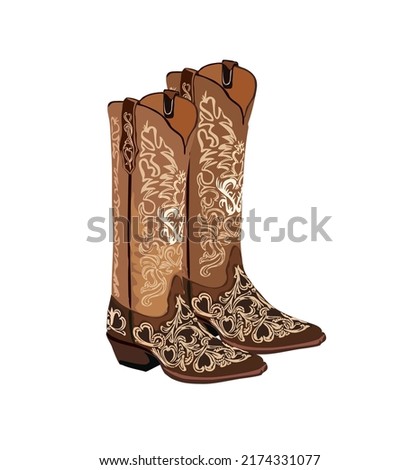 A pair of western cowboy boots. Stylish decorative cowgirl boots embroidered with traditional orange and brown decoration. Realistic hand drawn vector illustration.