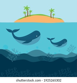 pair of whales under one island vector illustration design