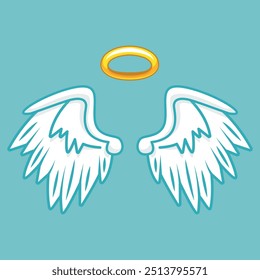 Pair of white angel wings with a golden halo floating above them, on a calming blue background, representing divine presence and serenity.