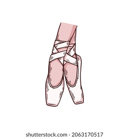 Pair of white ballet pointe shoes, hand drawn sketch vector illustration isolated on white background. Classic theater ballerinas shoes cartoon icon or symbol.
