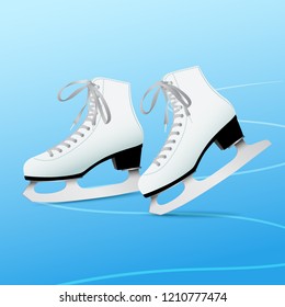 Pair of white classic ice skates on blue ice, equipment for winter outdoor activities, figure skating, vector illustration in flat style