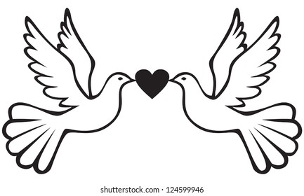 Pair of white doves holding heart