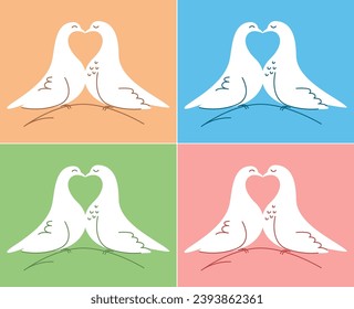 A pair of white doves kiss, forming a heart. Blue, yellow, pink, green background.