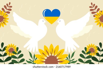 Pair of white doves of peace. Heart with the colors of the flag of Ukraine. Sunflowers are symbols of the Day of Remembrance of the Defenders of Ukraine. Vector.