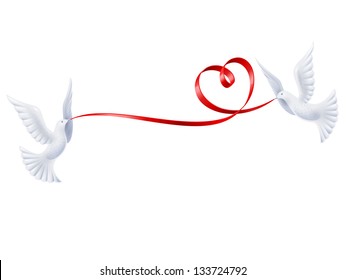 Pair white doves with red ribbon in the shape of heart. Vector isolate on white background