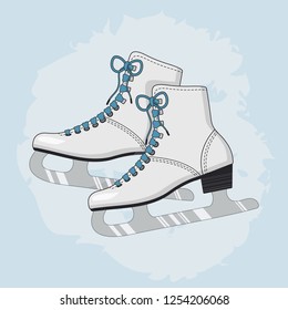 A pair of white female ice skates on a blue background with frost