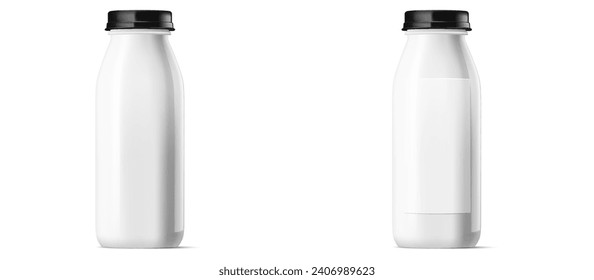 Pair of white glossy plastic bottles with black caps, for dairy product packaging. Side by side, isolated vector illustration with space for branding. Vector illustration.