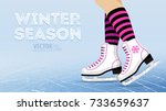 Pair of white Ice skates. Figure skating. Women's ice skates. Texture of ice surface. Winter sports. Vector illustration background. Banner.