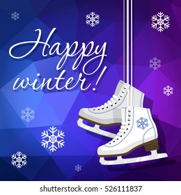 Pair of white Ice skates. Figure skates. Women's ice skates hanging on the laces. Vector illustration background. 