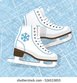 Pair of white Ice skates. Figure skates. Women's ice skates. Texture of ice surface. Vector illustration background.