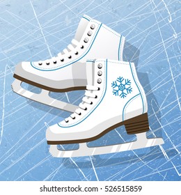 Pair of white Ice skates. Figure skates. Women's ice skates. Texture of ice surface. Vector illustration background.